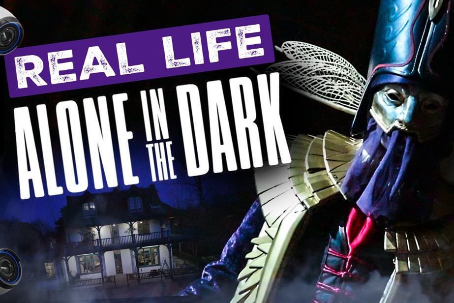 The poster reads "Real Life Alone in the Dark" with the image of a haunted mansion in the background and someone in a mask.