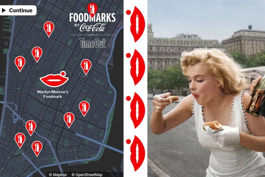 On the left: a map with "food landmarks" marked out; on the right, Marilyn Monroe enjoys a hot dog as a Coca-Cola is being handed to her