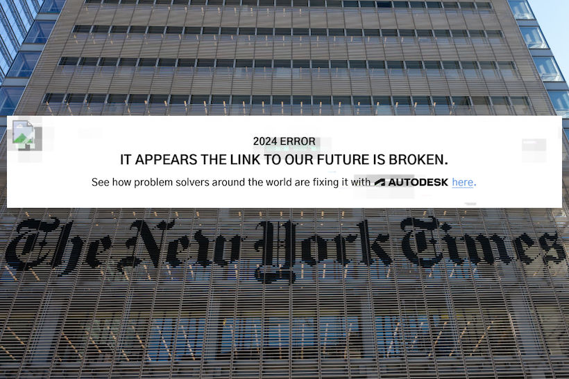 Autodesk ad is superimposed over a photo of the New York Times building