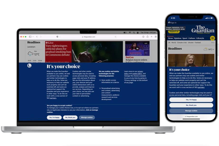 A laptop and a smartphone, both displaying The Guardian's website, with the option to reject all tracking cookies