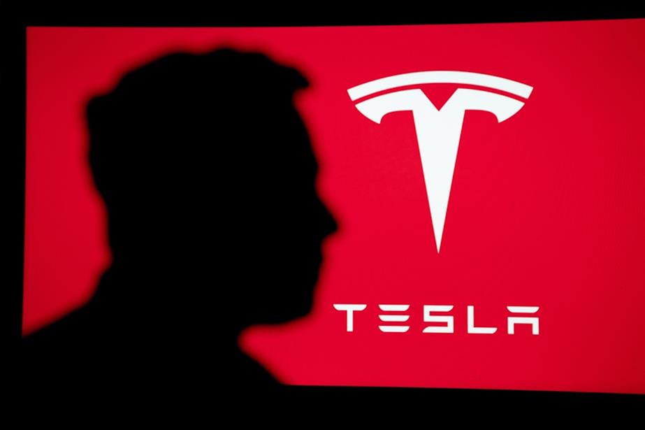 Silhouette of Elon Musk and Tesla logo