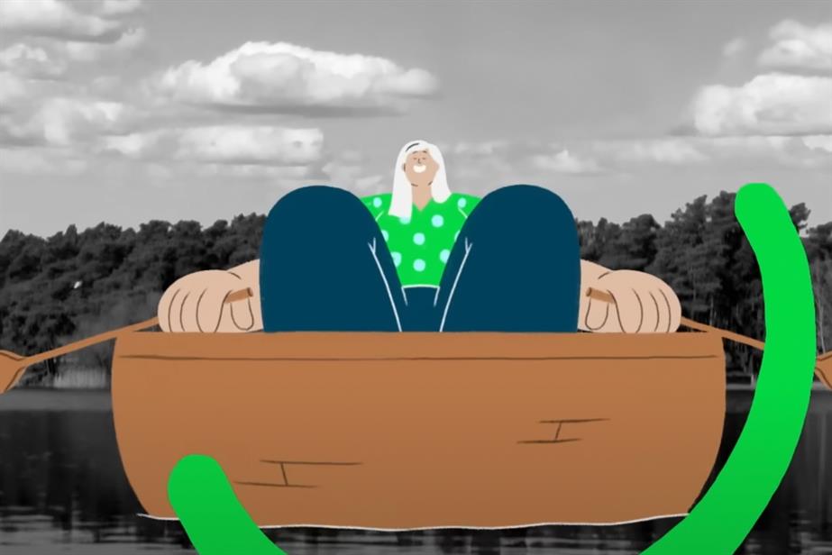 An animated woman rows in a boat.