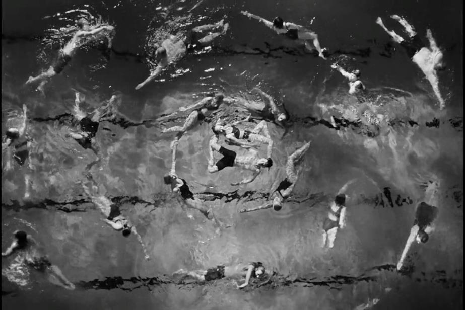 Bird's eye view shot of synchronised swimmers