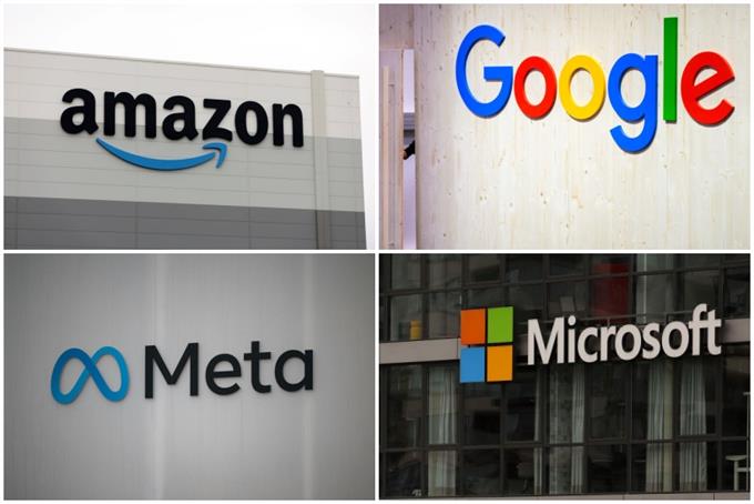 Collage of Amazon, Google, Meta, and Microsoft office buildings