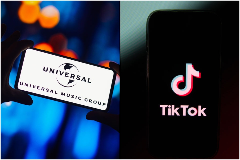 Universal Music Group and TikTok logos displayed on smart phone screens