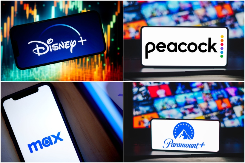 Logos of Disney Plus, NBC Peacock, HBO Max, and Paramount Plus are seen on smart phone screens